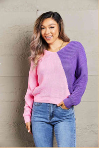 Double Take Two-Tone V-Neck Twisted Sweater