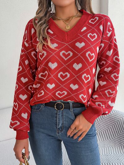 Heart Pattern V-Neck Long Sleeve Sweater