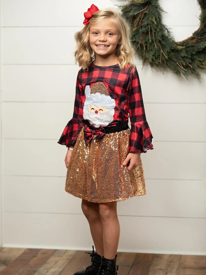 Kids Christmas Holiday Gold Glitter Santa Skirt Winter Set