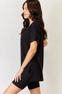 Zenana Full Size V-Neck Short Sleeve Slit T-Shirt and Shorts Set