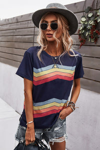 Multicolored Chevron Stripe Round Neck Side Slit T-Shirt