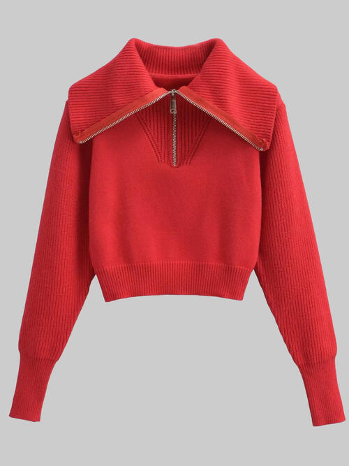 Half Zip Ribbed Collared Neck Knit Top