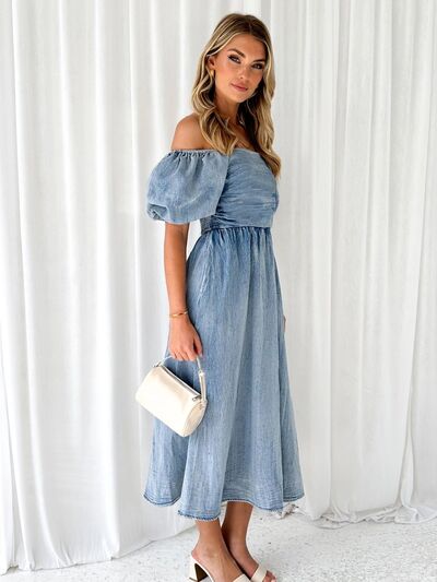 Off-Shoulder Balloon Sleeve Denim Dress