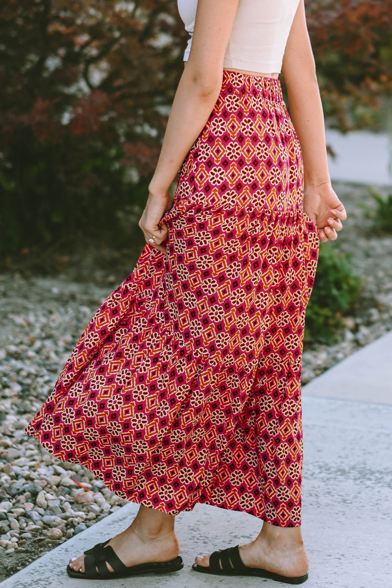 Geometric Elastic Waist Tiered Skirt