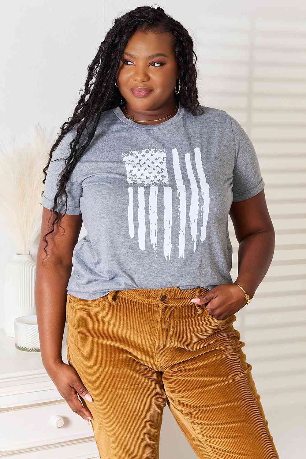 Simply Love US Flag Graphic Cuffed Sleeve T-Shirt