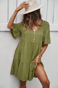 Button Front Tiered Tie Neck Mini Dress