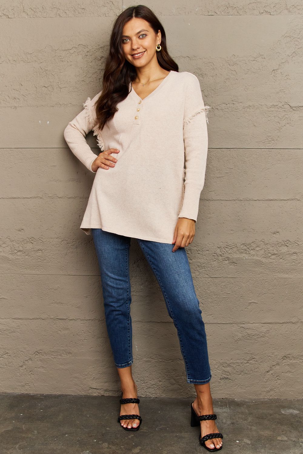 Full Size Buttoned Dropped Shoulder Raw Hem Pullover Sweater
