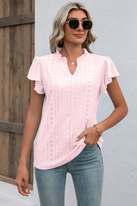 Eyelet Notched Flutter Sleeve T-Shirt