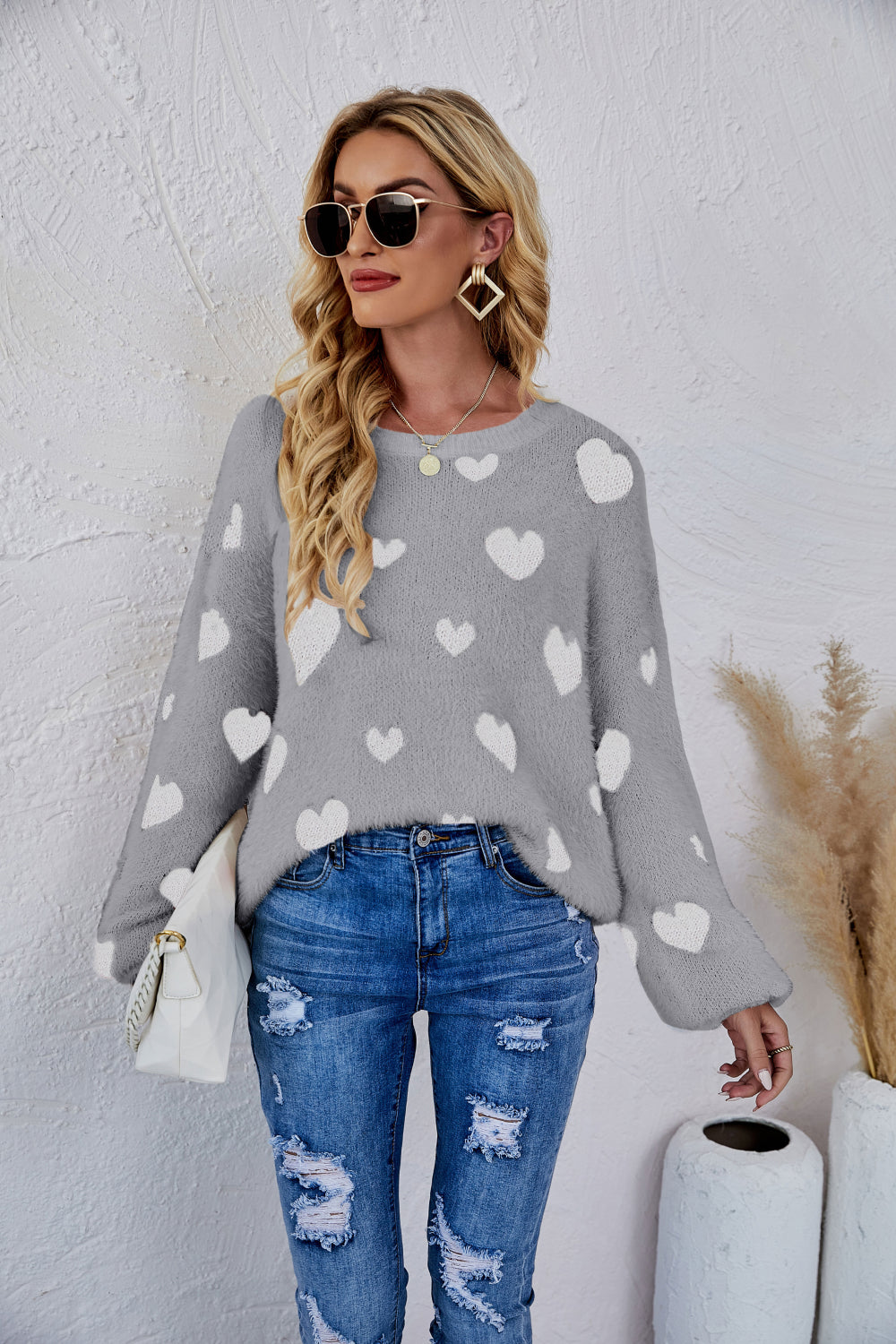 Heart Print Fuzzy Crewneck Long Sleeve Sweater