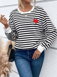 Heart Patch Striped Round Neck Long Sleeve Sweatshirt