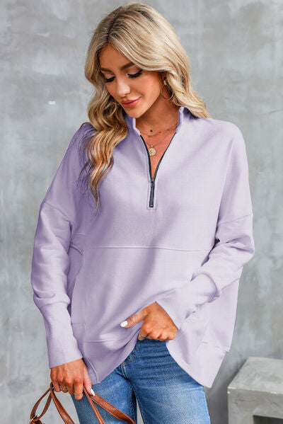 Half Zip Pocketed Dropped Shoulder Sweatshirt