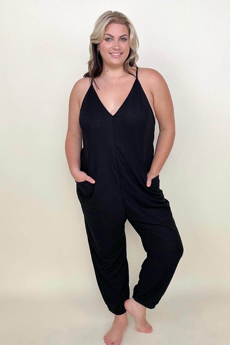 Textured Sleeveless V-Neck Pocketed Jumpsuit