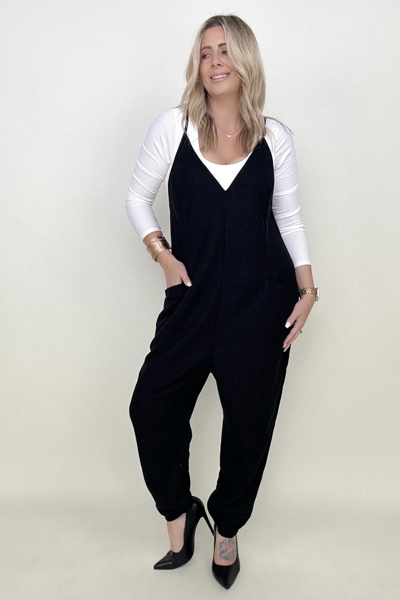 Textured Sleeveless V-Neck Pocketed Jumpsuit